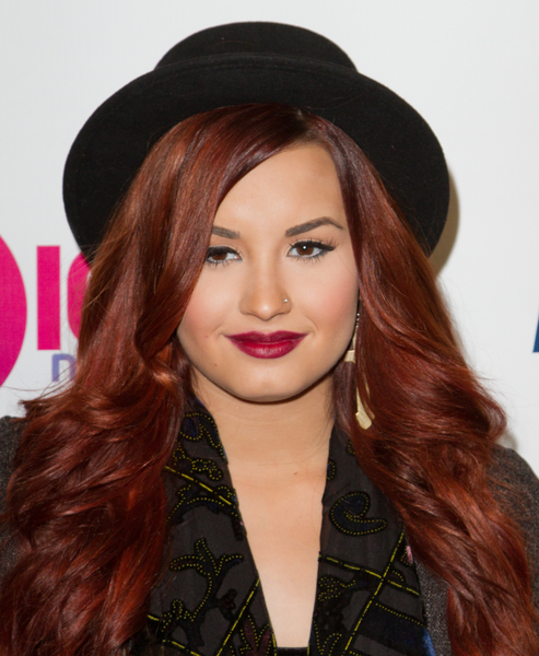 Demi Lovato Long Red Hair and Top Hat Demi has thick red waves that are cut 