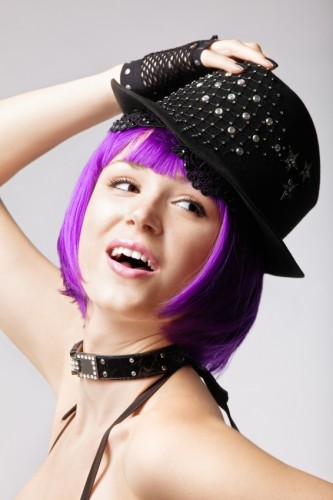 purple hair and hat